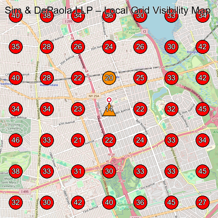 Sim & DePaola LLP GeoGrid visibility map for Law Firm in Queens Village
